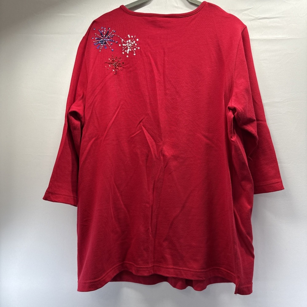 Quacker Factory Women's Top Size Large Sequin Red Blue Fireworks Short Sleeve - Picture 4 of 9